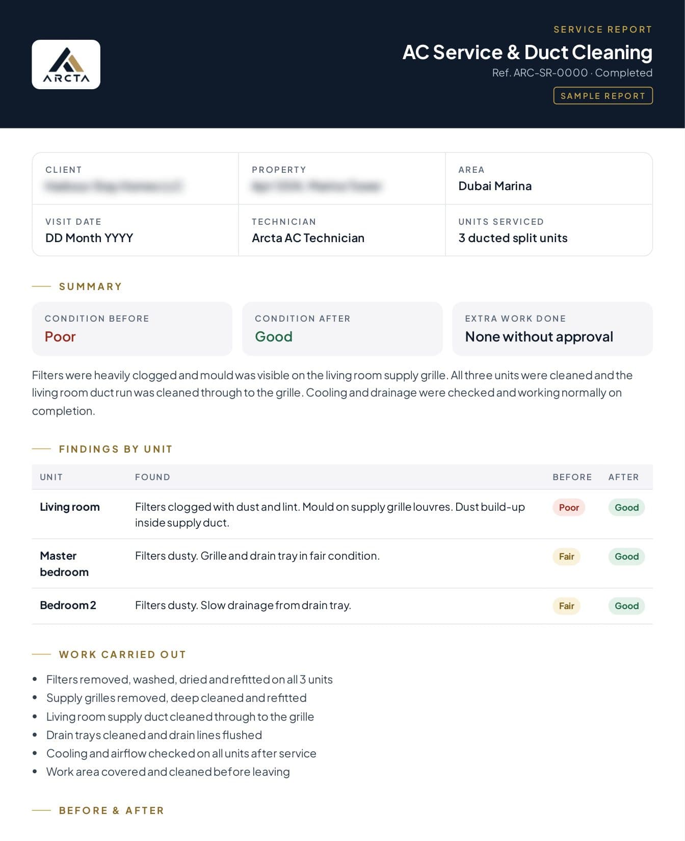 Sample Arcta service report, page 1: summary, findings by unit and work carried out