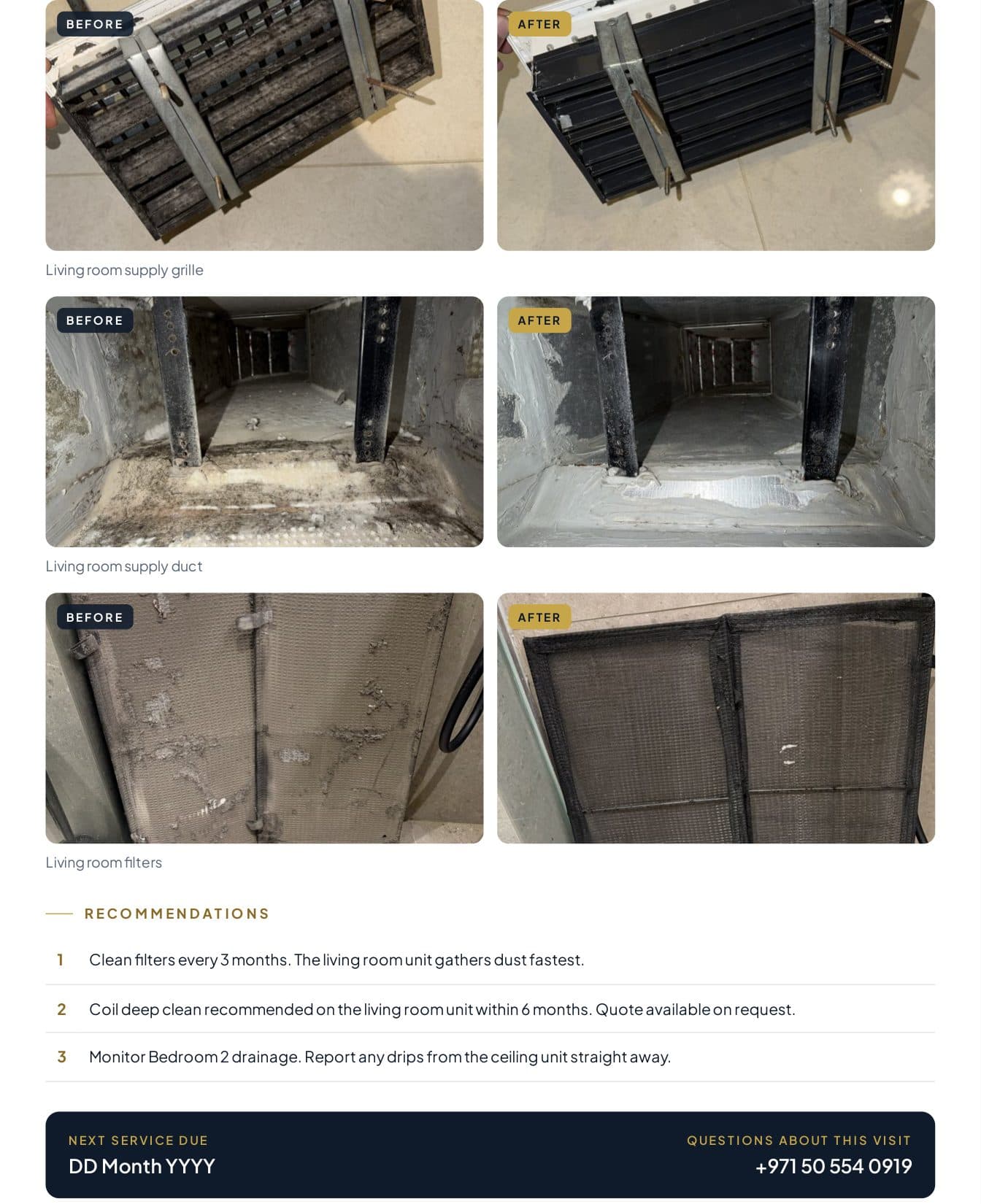 Sample Arcta service report, page 2: before and after photos and recommendations